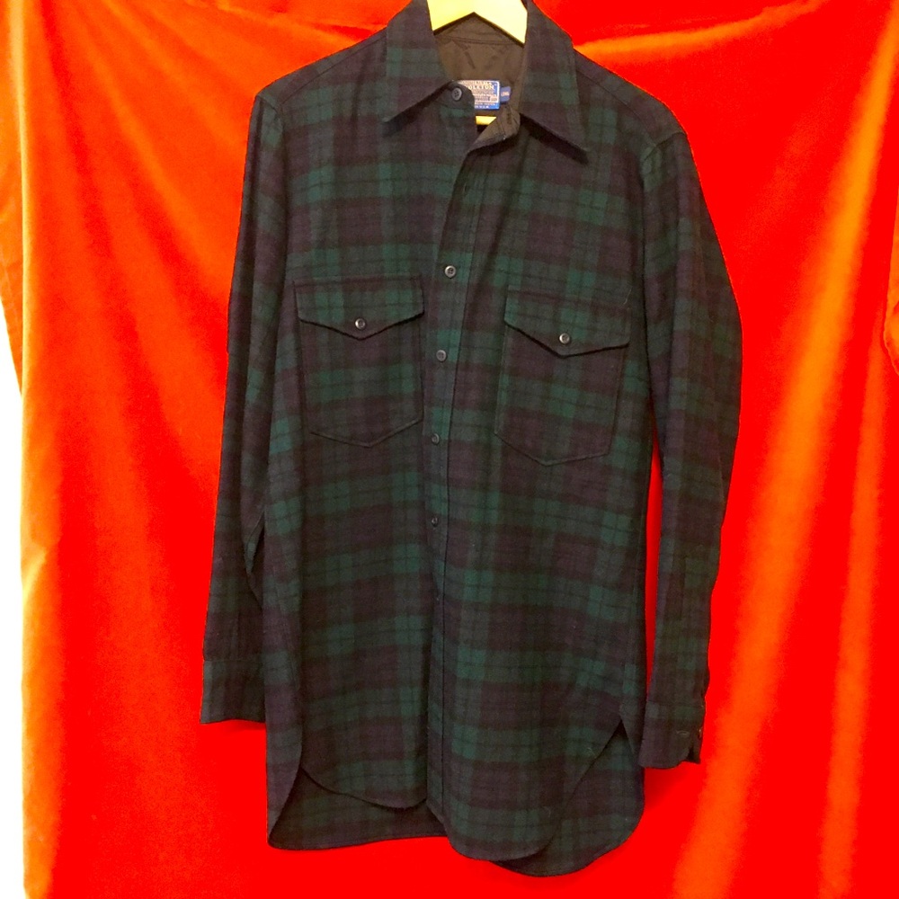 Pendleton vtg 70s wool field shirt black watch tartan 15.5 m